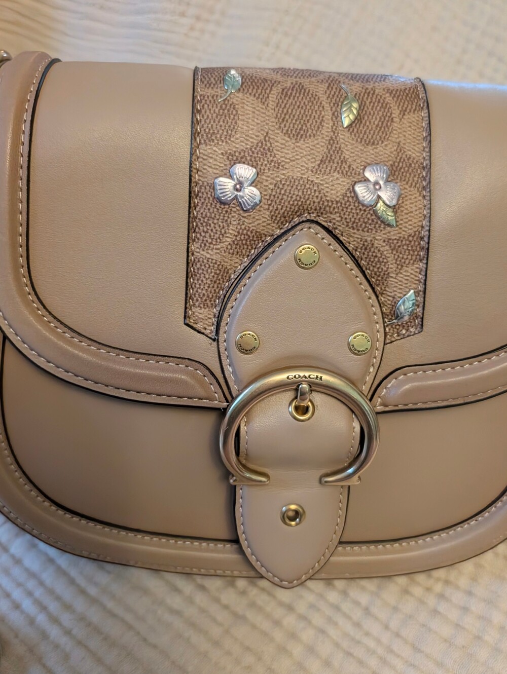 Coach Taupe Floral-Accent Leather Saddle Crossbody One Of A Kind...Coach Create